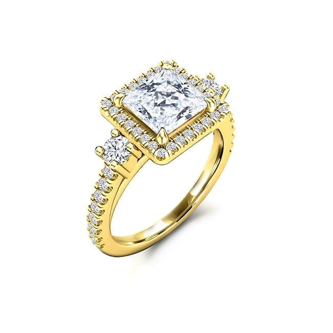 Yellow gold princess cut halo style Forever One moissanite engagement ring