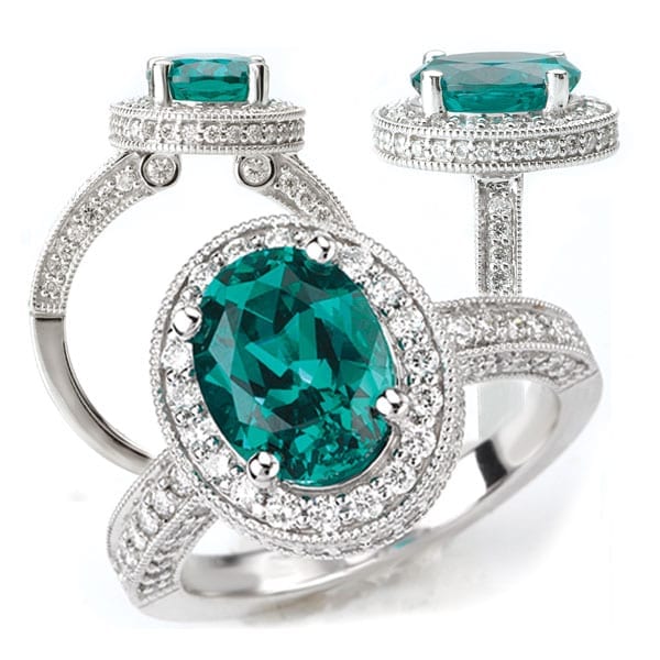 Chatham Seafoam Garnet & Diamond Halo Engagement Ring