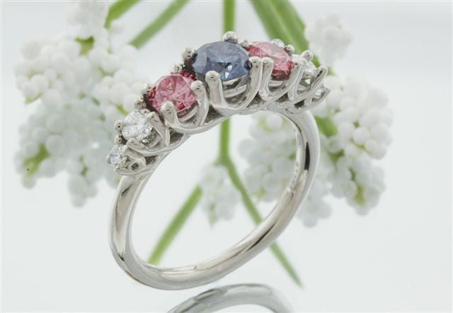 White, Pink and Blue Seven-Stone Trellis Engagement Ring